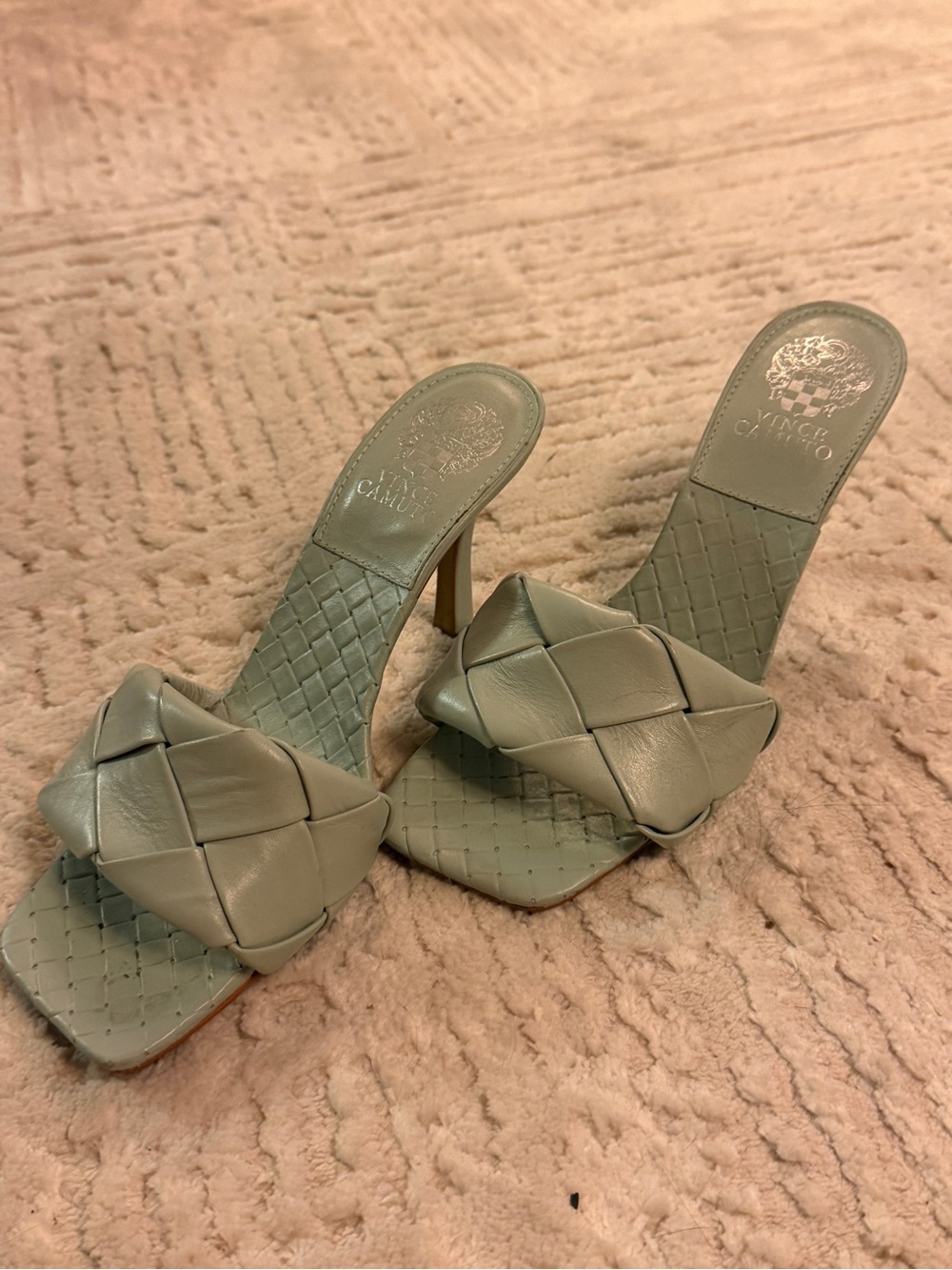 Vince Camuto Braided Leather Mule Heels in Sage Green
